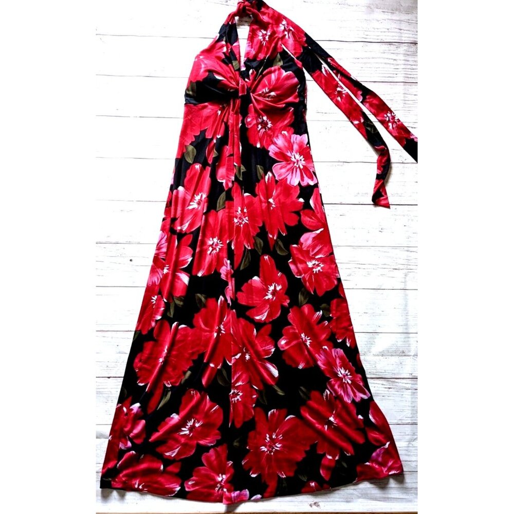 NEW GiGi Maxi Dress Halter Vacation Red Floral Padded Bra Knit V-neck Size 4